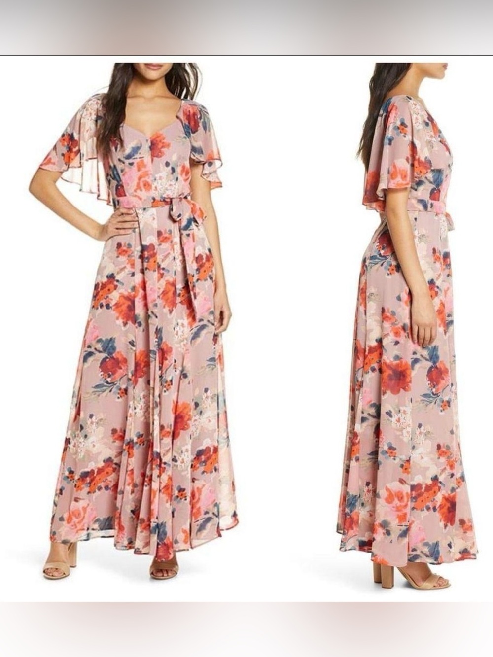 #699 Eliza J Blush Floral Maxi Dress with Flutter Sleeves size 6